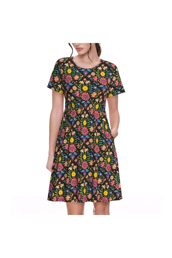 Mexican Folk Art Floral Print Womens Summer Dress,Casual Short Sleeve Sundresses,Beach A-line Shift Dress with Pockets