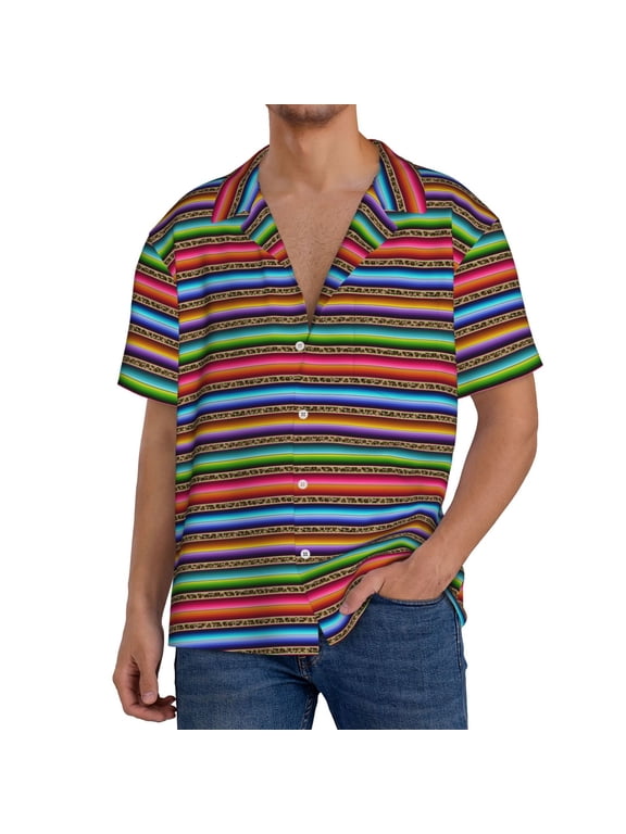 Mexican Leopard Serape Blanket Stripes Print Men's Button Down Shirts Short Sleeve, Summer Beach Shirts,Vacation Wedding Shirts,Men's Casual Button-Down Shirts with Pocket-XX-Large