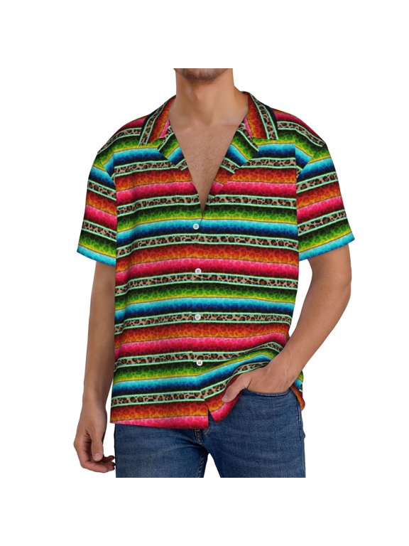 Mexican Leopard Serape Blanket Stripes Print Men's Button Down Shirts Short Sleeve, Summer Beach Shirts,Vacation Wedding Shirts,Men's Casual Button-Down Shirts with Pocket-3X-Large