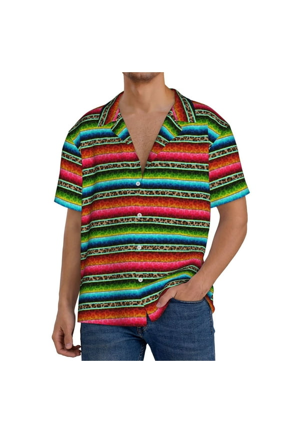 Mexican Leopard Serape Blanket Stripes Print Men's Button Down Shirts Short Sleeve, Summer Beach Shirts,Vacation Wedding Shirts,Men's Casual Button-Down Shirts with Pocket-XX-Large