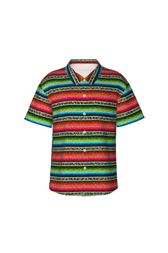 Mexican Leopard Serape Blanket Stripes Print Mens Hawaiian Shirts,Loose-Fit Short Sleeve Button Down Tropical Aloha Beach Shirt,Summer Vacation Wedding Tops,3X-Large