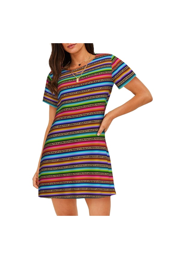 Mexican Leopard Serape Blanket Stripes Print Nightgowns for Women,Soft Short-Sleeved Lightweight Sleepwear, Loose Sleepshirts