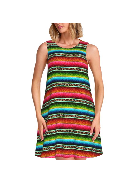 Mexican Leopard Serape Blanket Stripes Print Summer Dresses for Women,Beach Sleeveless Flowy Pocket Tshirt Tank Sundresses,Women's Sleeveless Dress
