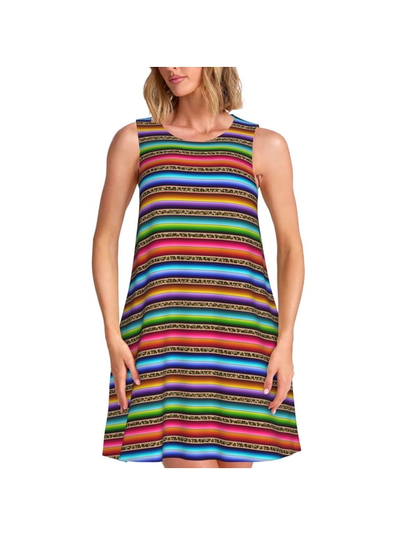 Mexican Leopard Serape Blanket Stripes Print Summer Dresses for Women,Beach Sleeveless Flowy Pocket Tshirt Tank Sundresses,Women's Sleeveless Dress