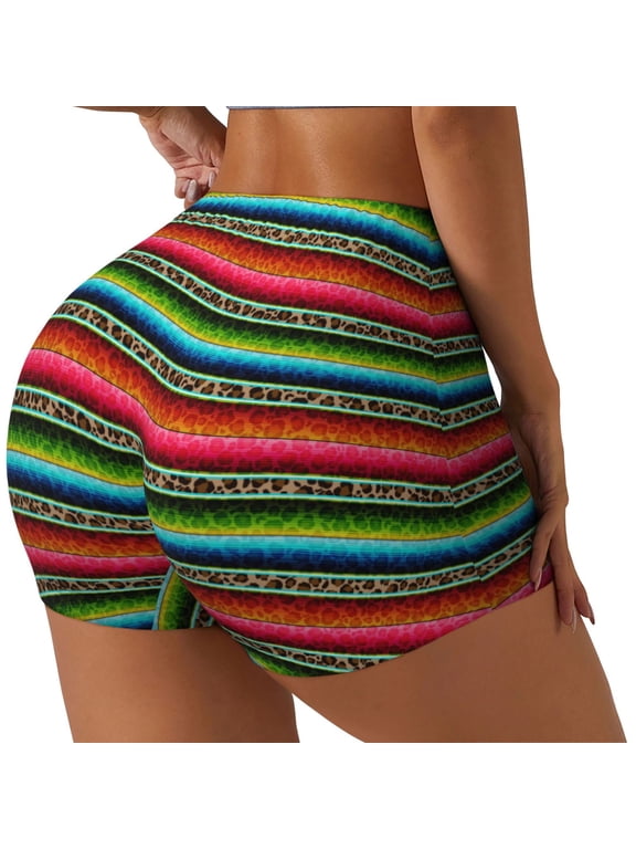 Mexican Leopard Serape Blanket Stripes Print Women's Biker Shorts,Workout Gym Shorts,Scrunch Shorts,Tummy Control Hidden Scrunch Running Yoga Shorts-
