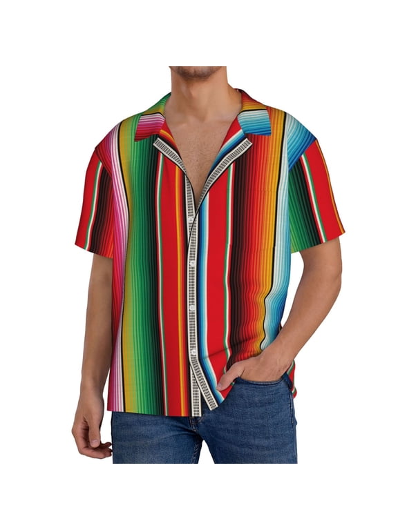 Mexican Serape Blanket Stripes Print Men's Button Down Shirts Short Sleeve, Summer Beach Shirts,Vacation Wedding Shirts,Men's Casual Button-Down Shirts with Pocket-Medium