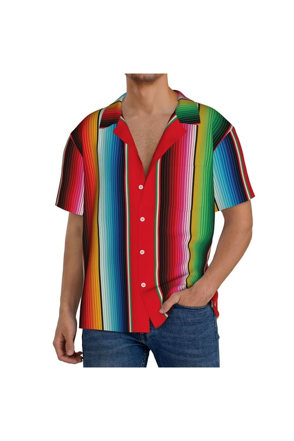 Mexican Serape Blanket Stripes Print Men's Button Down Shirts Short Sleeve, Summer Beach Shirts,Vacation Wedding Shirts,Men's Casual Button-Down Shirts with Pocket-Small