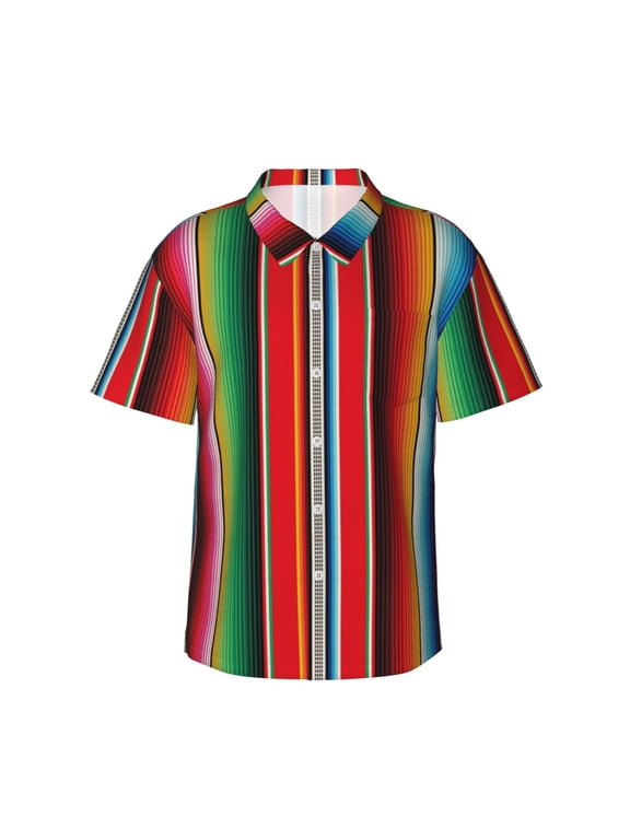 Mexican Serape Blanket Stripes Print Mens Hawaiian Shirts,Loose-Fit Short Sleeve Button Down Tropical Aloha Beach Shirt,Summer Vacation Wedding Tops,3X-Large