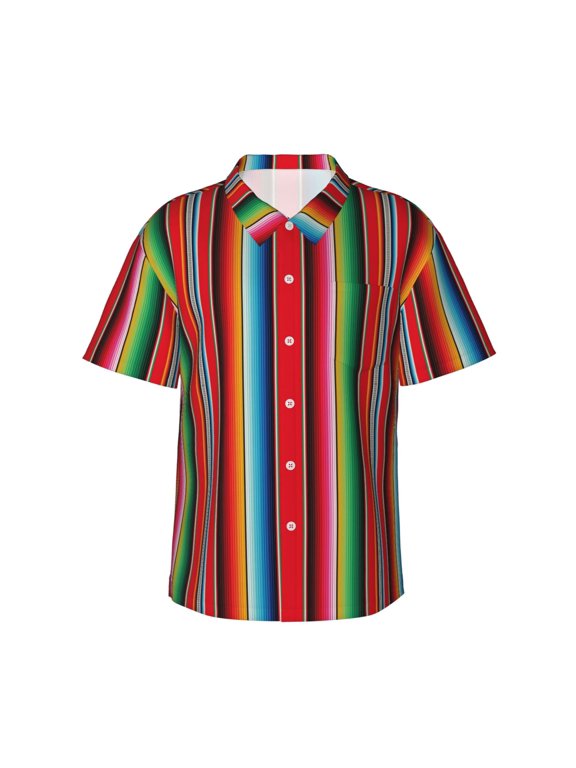 Mexican Serape Blanket Stripes Print Mens Hawaiian Shirts,Loose-Fit Short Sleeve Button Down Tropical Aloha Beach Shirt,Summer Vacation Wedding Tops,Medium