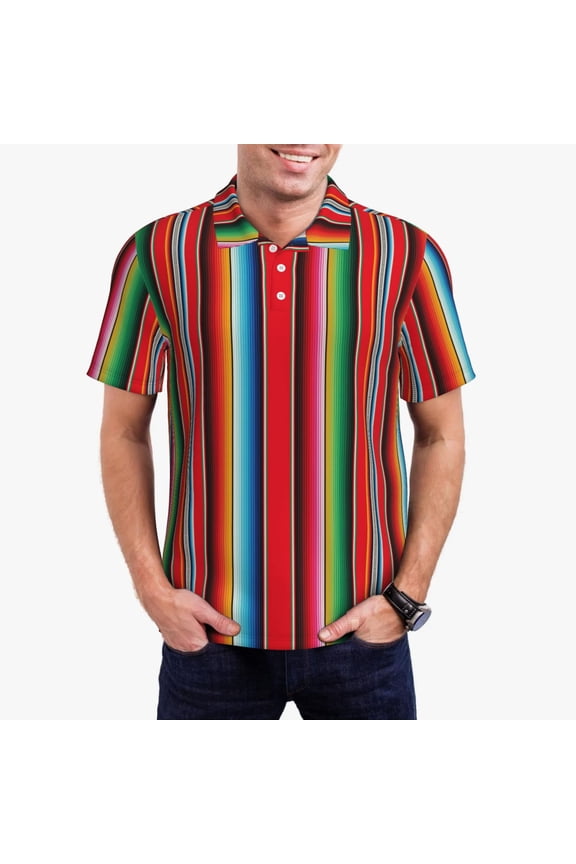 Mexican Serape Blanket Stripes Print Mens Polo Shirts,Mens Golf Polo Shirts,Short Sleeve Casual Polo Shirts for Men,Summer Fashion Beach Shirts-X-Large