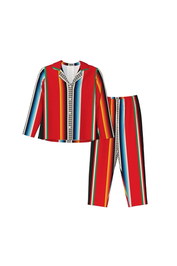 Mexican Serape Blanket Stripes Print Womens Pajamas Set,Long Sleeve Sleepwear,Button Down Lounge Set 2 Pieces,Soft Nightwear Pjs Set-Medium