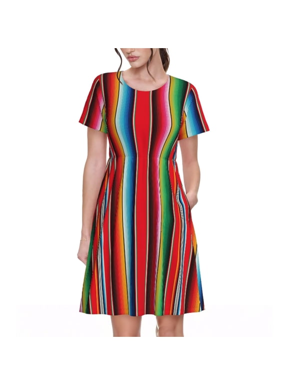 Mexican Serape Blanket Stripes Print Womens Summer Dress,Casual Short Sleeve Sundresses,Beach A-line Shift Dress with Pockets