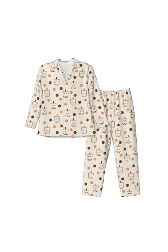 Milk Tea Print Mens Long Sleeve Pajama Set,Notched Collar Pajamas for Men, Men's Sleepwear,Mens Sleepwear with Pockets & Button Down-Medium