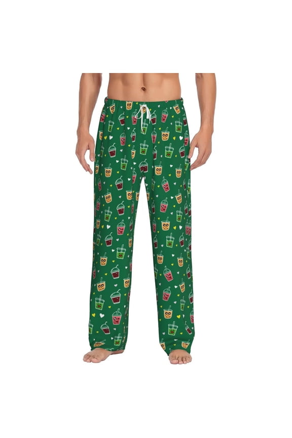 Milk Tea Print Pajama Pants for Men,Men’s Pajama Bottoms,Mens PJ Pants with Pockets & Button Fly-Large