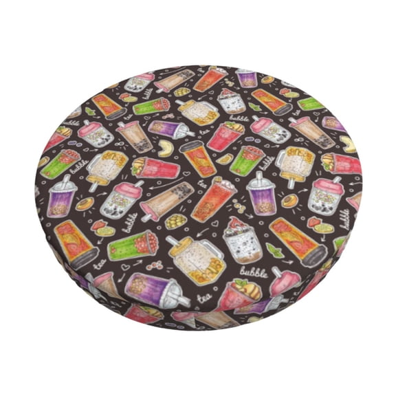 Logiee Milk Tea Print Stool Covers Round,Bar Stool Covers,Watedrproof Stool Slipcover with Elastic,Stool Cushion,Round Bar Stool Seat Covers for Bar Round Chair-14 inch