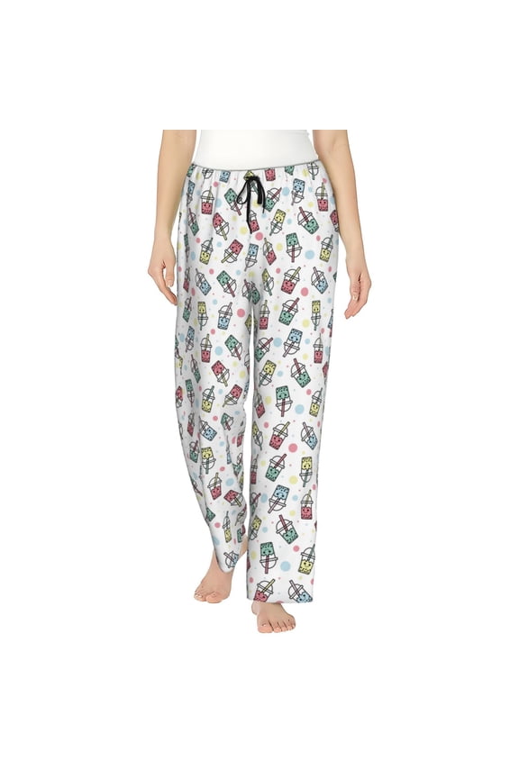 Milk Tea Print Women Pajama Pants,Comfy Pj Bottom with Pockets & Drawstring,Stretch Casual Sleepwear-Large