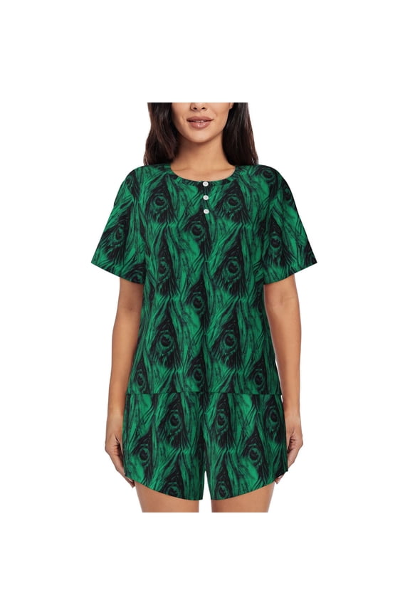Mint Bird Feathers Print Womens Pajamas Set,Short-Sleeve Pajama 2 Piece Sleepwear with Pockets-Small