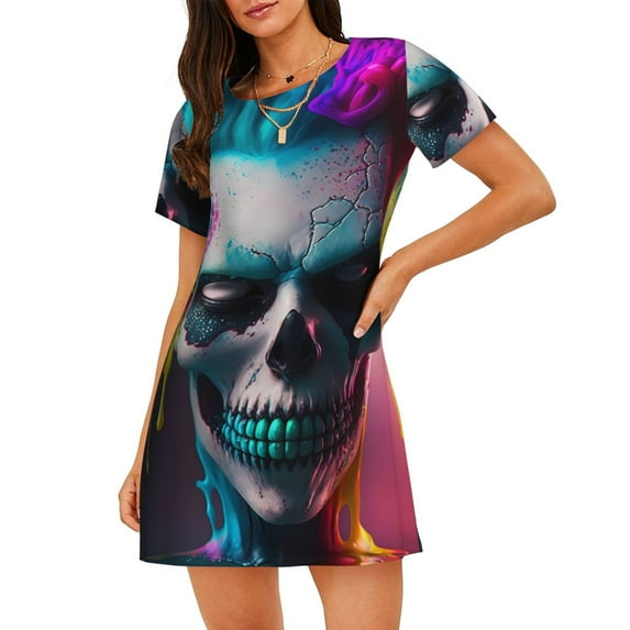 Logiee Modern Abstract Colorful Skull A Print Nightgowns for Women,Soft Short-Sleeved Lightweight Sleepwear, Loose Sleepshirts