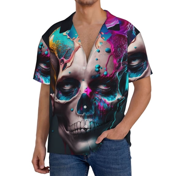 Logiee Modern Abstract Colorful Skull B Print Men's Button Down Shirts Short Sleeve, Summer Beach Shirts,Vacation Wedding Shirts,Men's Casual Button-Down Shirts with Pocket-X-Large