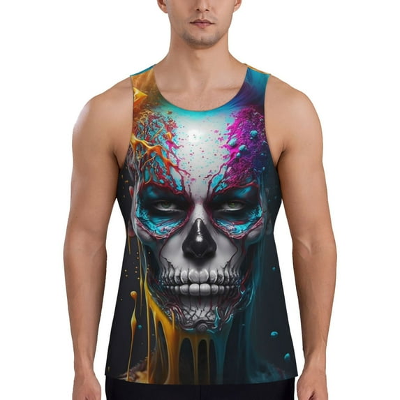 Logiee Modern Abstract Colorful Skull Print Men's Workout Tank Top,Quick Dry Workout Tank Top,Gym Muscle Tee,Fitness Bodybuilding Sleeveless T Shirt-