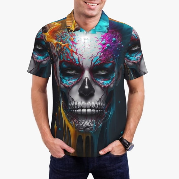 Logiee Modern Abstract Colorful Skull Print Mens Polo Shirts,Mens Golf Polo Shirts,Short Sleeve Casual Polo Shirts for Men,Summer Fashion Beach Shirts-XX-Large