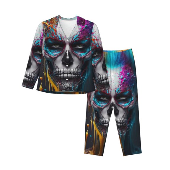 Logiee Modern Abstract Colorful Skull Print Womens Pajamas Set,Long Sleeve Sleepwear,Button Down Lounge Set 2 Pieces,Soft Nightwear Pjs Set-