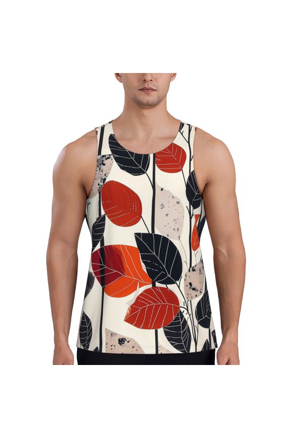 Modern Abstract Leaf Pattern Print Men's Workout Tank Top,Quick Dry Workout Tank Top,Gym Muscle Tee,Fitness Bodybuilding Sleeveless T Shirt-X-Large