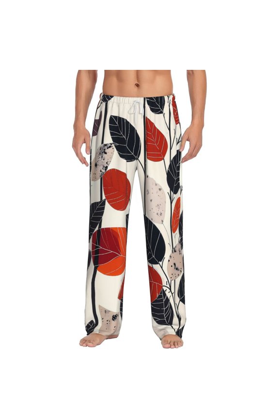 Modern Abstract Leaf Pattern Print Pajama Pants for Men,Men’s Pajama Bottoms,Mens PJ Pants with Pockets & Button Fly-X-Large