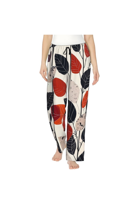 Modern Abstract Leaf Pattern Print Women Pajama Pants,Comfy Pj Bottom with Pockets & Drawstring,Stretch Casual Sleepwear-Large