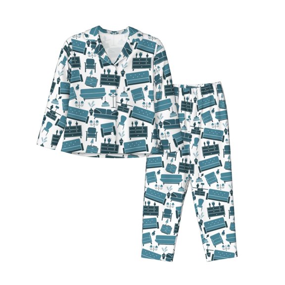 Logiee Modern Furniture Print Womens Pajamas Set,Long Sleeve Sleepwear,Button Down Lounge Set 2 Pieces,Soft Nightwear Pjs Set-Large