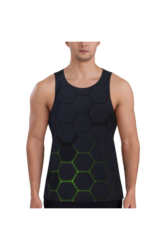 Modern Hexagonal Neon Grid Print Men's Workout Tank Top,Quick Dry Workout Tank Top,Gym Muscle Tee,Fitness Bodybuilding Sleeveless T Shirt-Medium