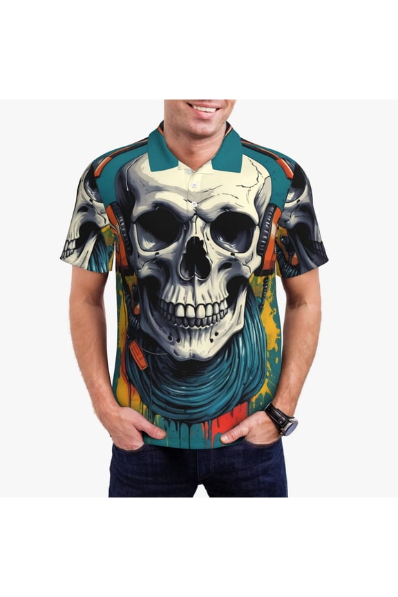 Modern Hip-Hop Skull Print Mens Polo Shirts,Mens Golf Polo Shirts,Short Sleeve Casual Polo Shirts for Men,Summer Fashion Beach Shirts-Small