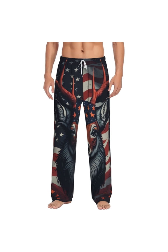 Modern USA Deer Head Print Pajama Pants for Men,Men’s Pajama Bottoms,Mens PJ Pants with Pockets & Button Fly-X-Large