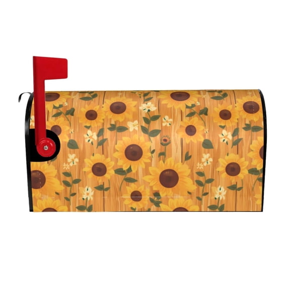 Logiee Modern Wood Grain Sunflower Print Post Letter Box Wrap Decor, Mailbox Cover Suitable for Standard Mailbox and Large Size Mailbox,Outdoor Yard Decoration-25.5x21 in