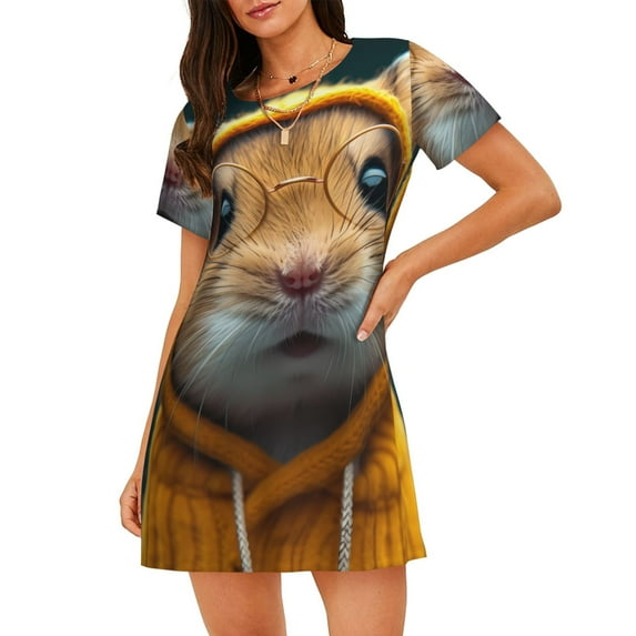Logiee Modern Yellow Sweater Guinea Pig Print Nightgowns for Women,Soft Short-Sleeved Lightweight Sleepwear, Loose Sleepshirts