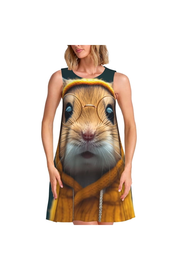 Modern Yellow Sweater Guinea Pig Print Summer Dresses for Women,Beach Sleeveless Flowy Pocket Tshirt Tank Sundresses,Women's Sleeveless Dress