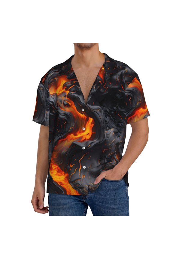 Molten Lava Abstract Flow Print Men's Button Down Shirts Short Sleeve, Summer Beach Shirts,Vacation Wedding Shirts,Men's Casual Button-Down Shirts with Pocket-4X-Large