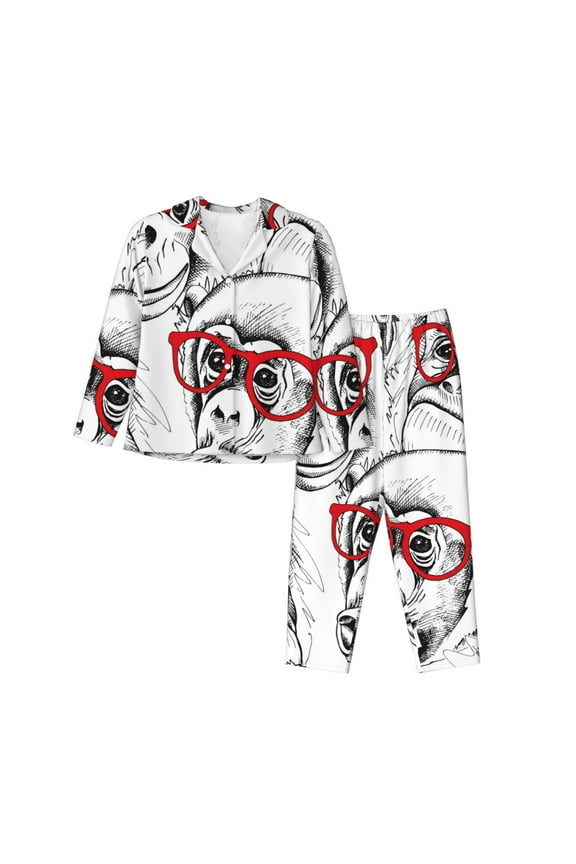 Monkey Print Womens Pajamas Set,Long Sleeve Sleepwear,Button Down Lounge Set 2 Pieces,Soft Nightwear Pjs Set-Large