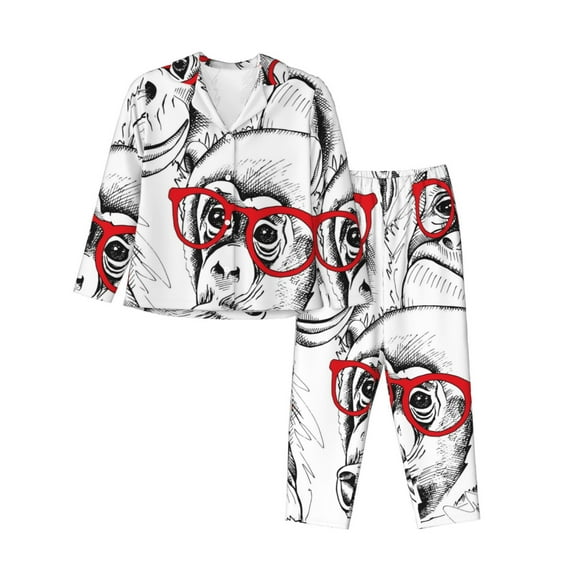 Logiee Monkey Print Womens Pajamas Set,Long Sleeve Sleepwear,Button Down Lounge Set 2 Pieces,Soft Nightwear Pjs Set-X-Large