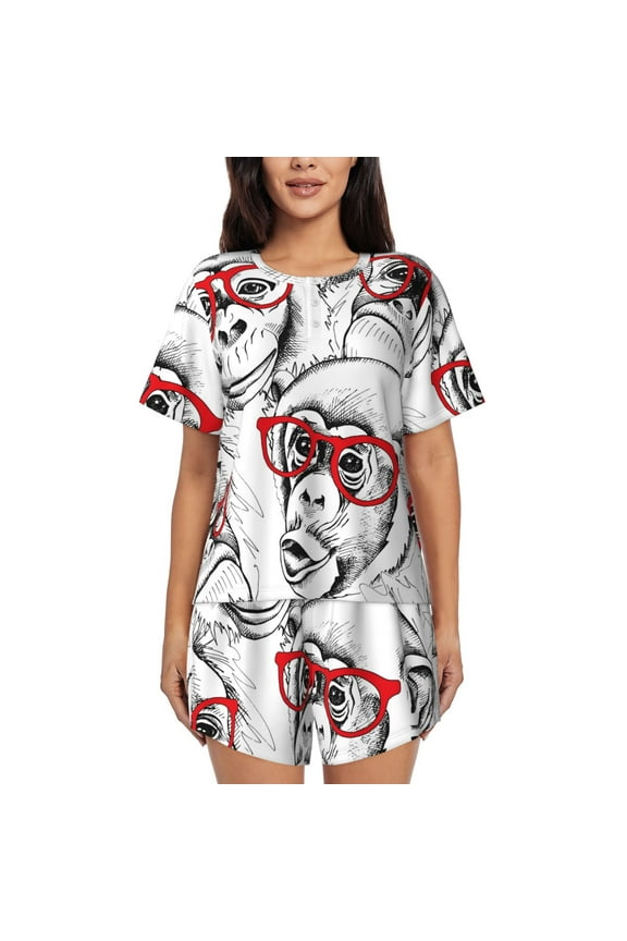 Monkey Print Womens Pajamas Set,Short-Sleeve Pajama 2 Piece Sleepwear with Pockets-Medium