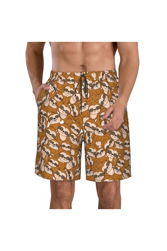 Monkey Sloth Print Mens Swim Trunks Quick Dry Board Shorts,Breathable Hawaii Beach Shorts Swimwear Bathing Suits-Medium
