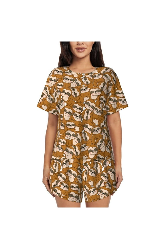 Monkey Sloth Print Womens Pajamas Set,Short-Sleeve Pajama 2 Piece Sleepwear with Pockets-Large