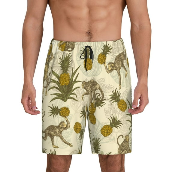 Logiee Monkeys and Pinealpples Print Men's Pajama Shorts with Drawstring & Pockets,Sleep Shorts for Men,Sleepwear Bottoms,Elastic Waistband Loungewear-4X-Large