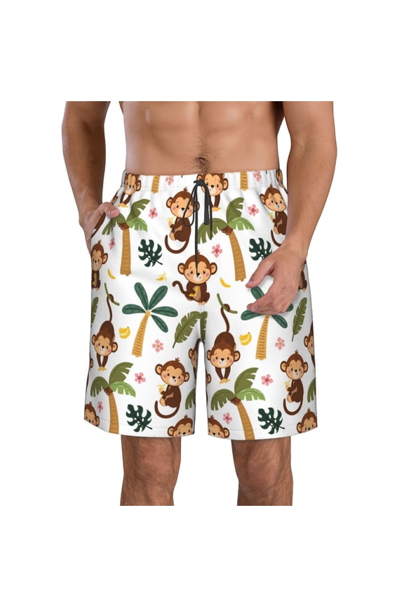Monkeys Swinging from Palms Print Mens Swim Trunks Quick Dry Board Shorts,Breathable Hawaii Beach Shorts Swimwear Bathing Suits-Small