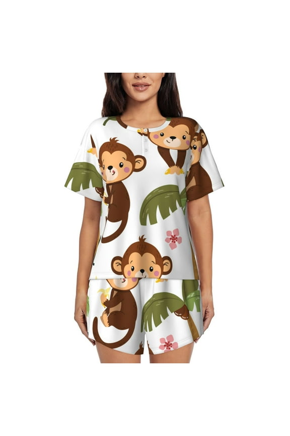 Monkeys Swinging from Palms Print Womens Pajamas Set,Short-Sleeve Pajama 2 Piece Sleepwear with Pockets-Medium