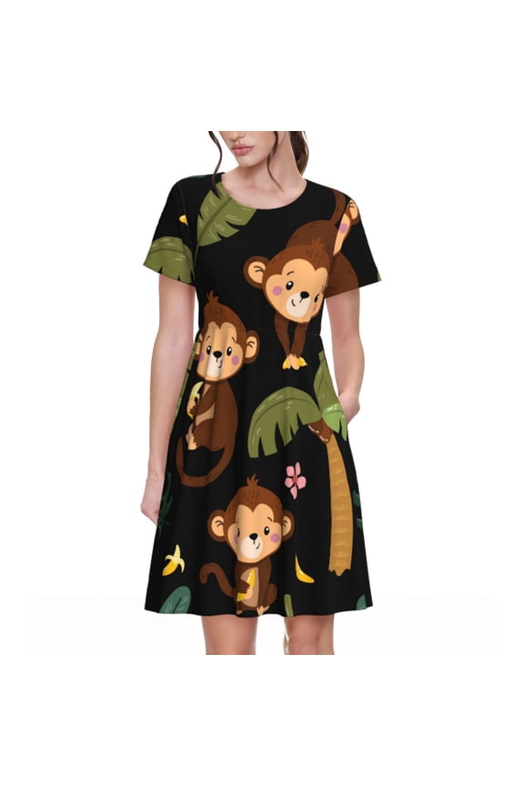 Monkeys Swinging from Palms Print Womens Summer Dress,Casual Short Sleeve Sundresses,Beach A-line Shift Dress with Pockets