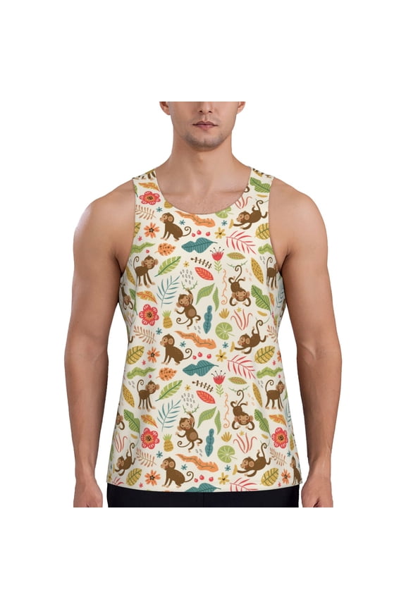 Monkeys in the Jungle Print Men's Workout Tank Top,Quick Dry Workout Tank Top,Gym Muscle Tee,Fitness Bodybuilding Sleeveless T Shirt-XX-Large