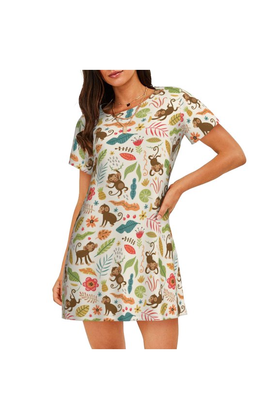 Monkeys in the Jungle Print Nightgowns for Women,Soft Short-Sleeved Lightweight Sleepwear, Loose Sleepshirts