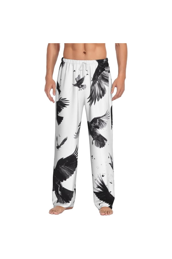 Monochrome Flying Ravens Print Pajama Pants for Men,Men’s Pajama Bottoms,Mens PJ Pants with Pockets & Button Fly-X-Large