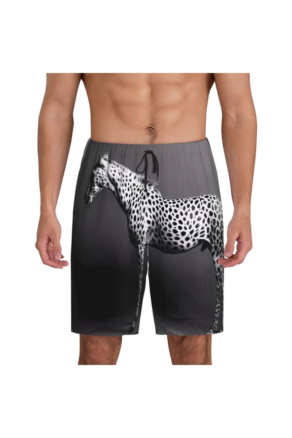 Monochrome Leopard Horse Print Men's Pajama Shorts with Drawstring & Pockets,Sleep Shorts for Men,Sleepwear Bottoms,Elastic Waistband Loungewear-Small